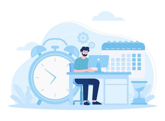 Time management man sitting with computer working with business plan concept flat illustration