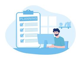 Businessman analyzes data and makes checklist with development plan concept flat illustration vector
