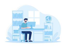 Sitting man studying online using a computer concept flat illustration vector