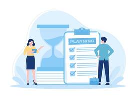 Time management man sitting with computer working with business plan concept flat illustration vector