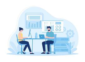 Man working on data analysis computing process using cloud technology software concept flat illustration vector