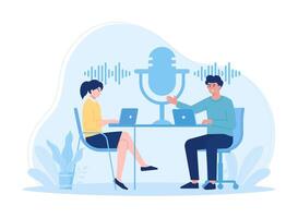 mujer y hombres son haciendo podcasts concepto plano ilustración vector