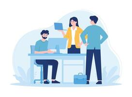 Business people working together in the office in a company employee meeting discussing tasks with laptops concept flat illustration vector