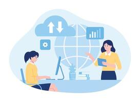 a woman uploading data to the internet concept flat illustration vector