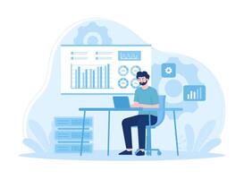 Man with laptop analyzing infographics. diagrams reports. analytics and big data concept flat illustration vector