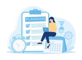 Businessman analyzes data and makes checklist with development plan concept flat illustration vector