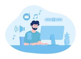 A worker plays music on a computer concept flat illustration vector