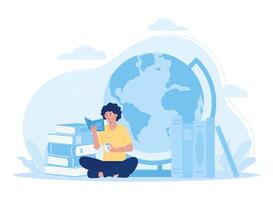 Reading educational learning students sitting reading books and globe concept flat illustration vector
