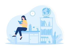 A student sits at a study table reading a book concept flat illustration vector