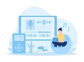 Modern music online with woman sitting in a chair with a laptop concept flat illustration vector