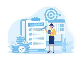 Businessman analyzes data and makes checklist with development plan concept flat illustration vector