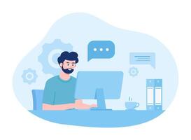 Customer support working in a call center concept flat illustration vector
