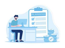 Businessman analyzes data and makes checklist with development plan concept flat illustration vector