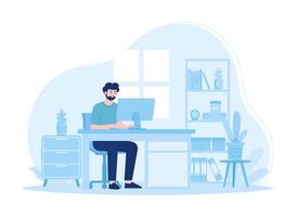 Man with computer is working in the study concept flat illustration vector