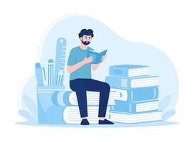 Reading education learning student sitting at book and reading concept flat illustration vector