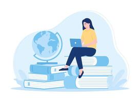 Online education with book laptop and globe concept flat illustration vector
