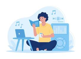 A woman reading a book and listening to music concept flat illustration vector