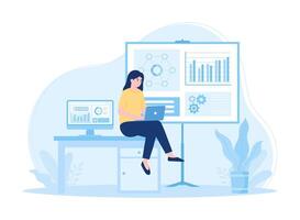 Woman with laptop and computer analyzing business finances concept flat illustration vector