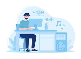 A worker plays music on a computer concept flat illustration vector