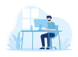 Man with computer is working in the study concept flat illustration vector