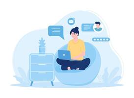 Customer support a woman sits in a chair using a laptop concept flat illustration vector