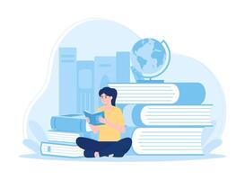 Reading educational learning students sitting reading books and globe concept flat illustration vector