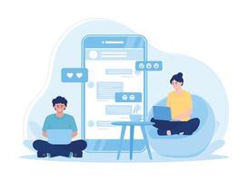 the two couples are chatting using laptops concept flat illustration vector