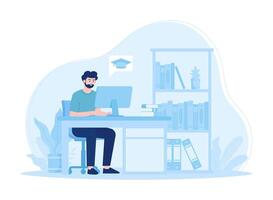 Sitting man studying online using a computer concept flat illustration vector