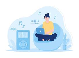 A woman sits in a chair and listens to music concept flat illustration vector