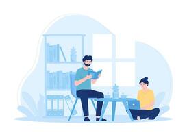 mujer y hombres estudiar juntos en el vivo habitación concepto plano ilustración vector