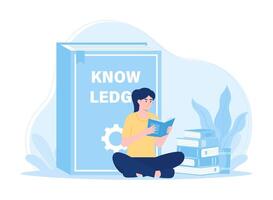 A woman sits reading a book of knowledge concept flat illustration vector