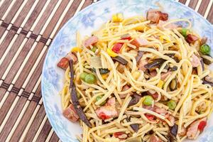Noodles with meat, vegetables and mushrooms photo