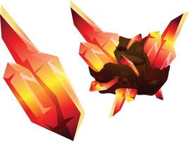 fantasía volador islas para 2d ui juego diseño. dibujos animados conjunto de plataformas de rock piezas con volcán, lava y magia cristales gráfico bienes para juego o móvil aplicación con flotante islas vector