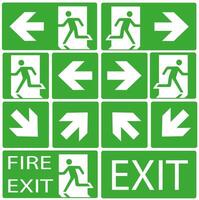 Emergency evacuation sign symbols exit. Signs indicating the direction of evacuation in case of fire. vector