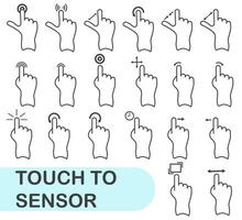 Hand on touch screen. Touch screen with hand icon set in thin line style. vector