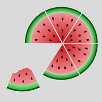 Sliced cocktail water melon fruit set. Red watermelon piece with bite. vector