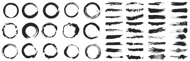 Smears of various calibers. Dark strokes. Set of brushes. Round frames. vector
