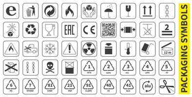 Set of packaging symbols for transportation. Storage and product information. Dark symbols isolated on white background. vector