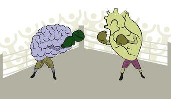 The age-old struggle of the mind against the feelings. Brains vs. hearts in the ring. vector