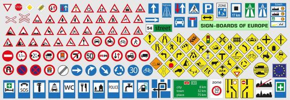 European road signs. A large set of road signs. Signs indicate danger or prohibit and warn. vector