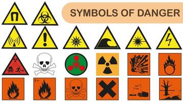 Danger and warning symbols. Radiation ionization. Biohazard Warnings and Hazardous Area. Bones with a skull and radioactivity. vector