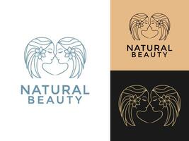 mujer belleza con flor logo diseño, línea Arte natural belleza mujer cara y pelo con flor logo modelo vector