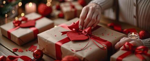 Person Holding Gift Box With Red Ribbon photo