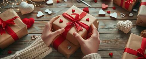Person Holding Gift Box With Red Ribbon photo