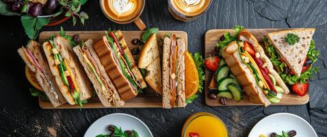 Table Set With Plates of Food and Drinks photo