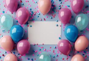 rosado y azul globos flotante con papel picado en un rosado habitación foto