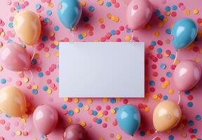 rosado y azul globos flotante con papel picado en un rosado habitación foto