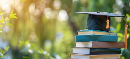 Graduation Cap Resting On Stack Of Books Outdoors photo