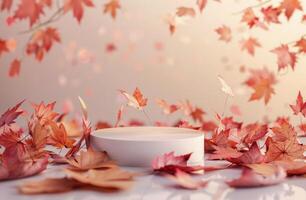 White Cylinder Product Display With Fall Leaves photo