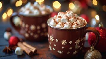 dos tazas de caliente chocolate con Malvaviscos en un de madera mesa foto